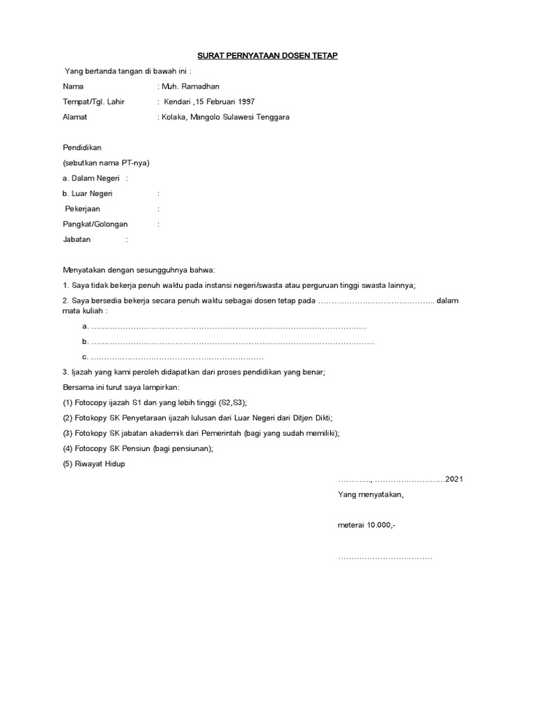 Surat Pernyataan Dosen Tetap | PDF