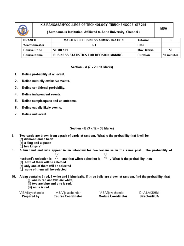 Business Statistics MBA Tutorial Guide | PDF