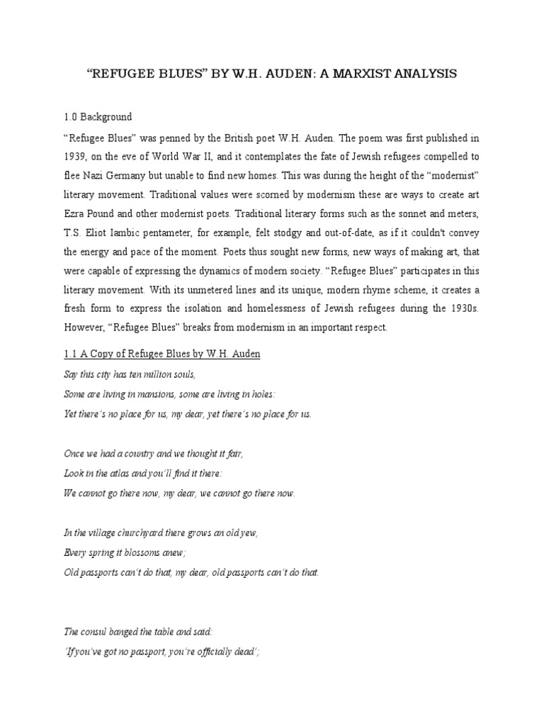 "Refugee Blues" by W.H. Auden: A Marxist Analysis | PDF | Hannah Arendt ...
