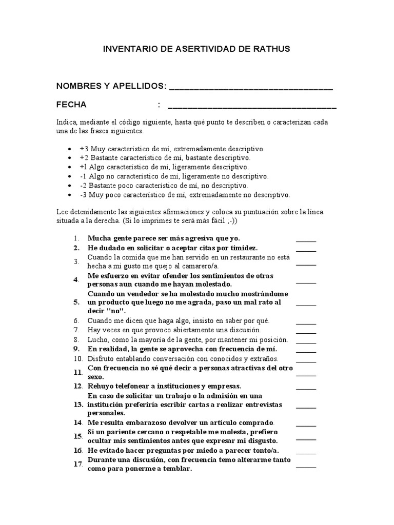 Inventario de Asertividad de Rathus | PDF