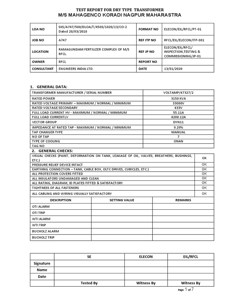 01 - 4 Test Report For Power Transformer 1 | PDF | Transformer ...