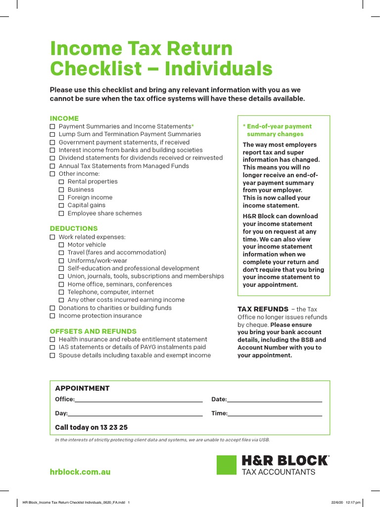H&R Block Income Tax Checklist | PDF | Tax Refund | Taxes