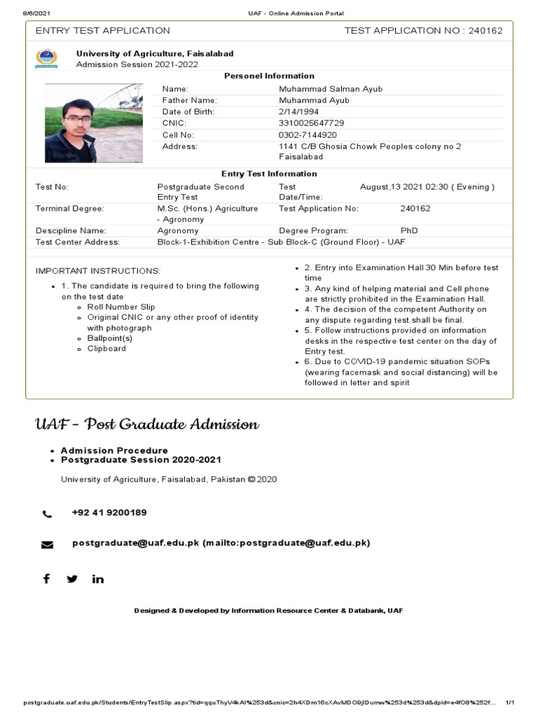 UAF - Post Graduate Admission: Entry Test Application Test Application ...