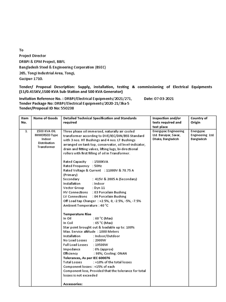 Electrical Equipment Tender Notice | PDF | Transformer | Relay