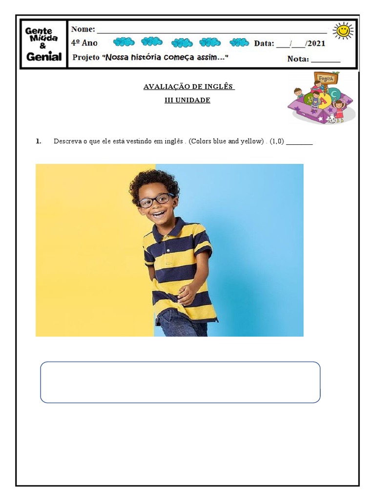 AVALIAÇÃO DE INGLES 4 ANO 3 Unidade | PDF