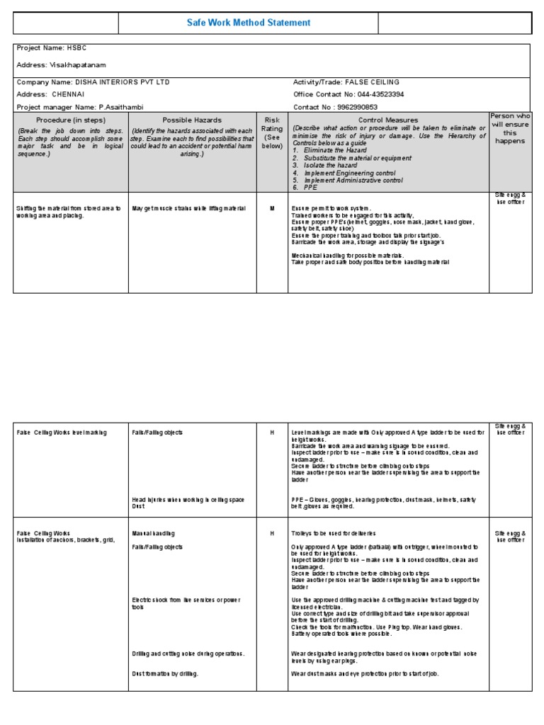 Safe Work Method Statement: (See Below) | PDF | Personal Protective ...