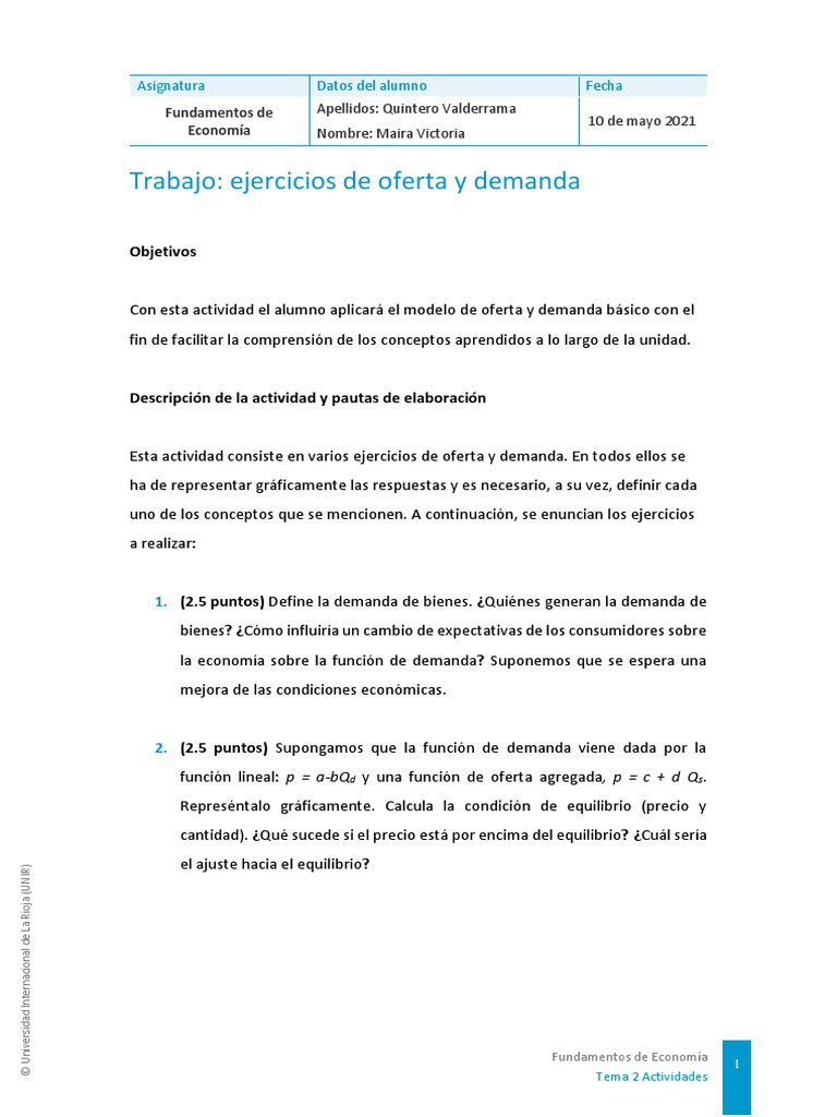 Trabajo Ejercicios de Oferta y Demanda FUNDAMENTOS de LA ECONOMIA | PDF ...
