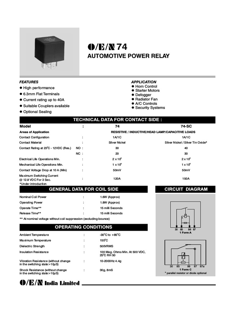 Automotive Power Relay Technical Data For Contact Side PDF Relay