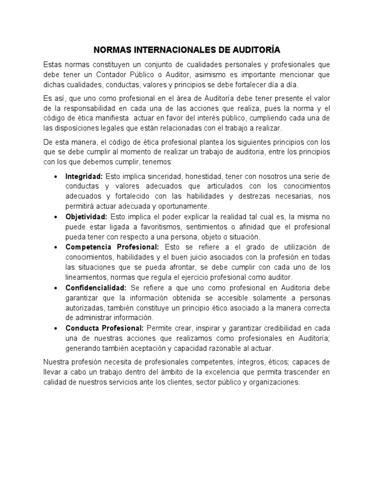 Resumen Normas de Auditoria Etica Profesional | PDF