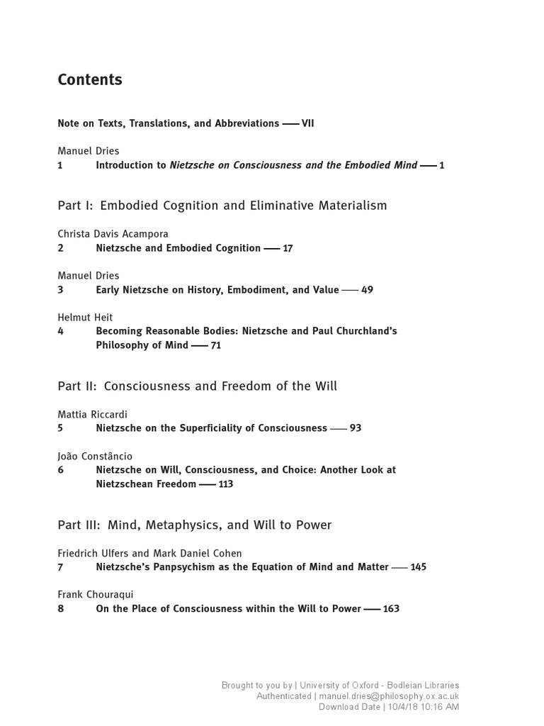 Nietzsche On Consciousness And The Embod Pdf Friedrich Nietzsche Mind