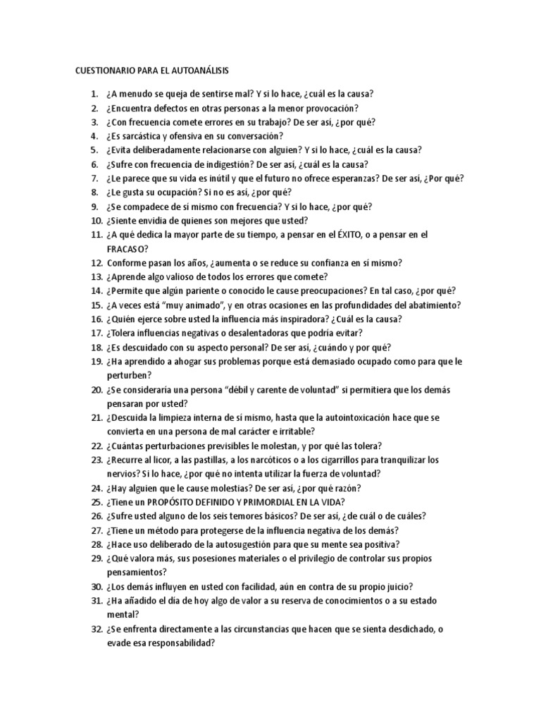 Cuestionario de Autoanálisis Personal | PDF | Relaciones personales ...