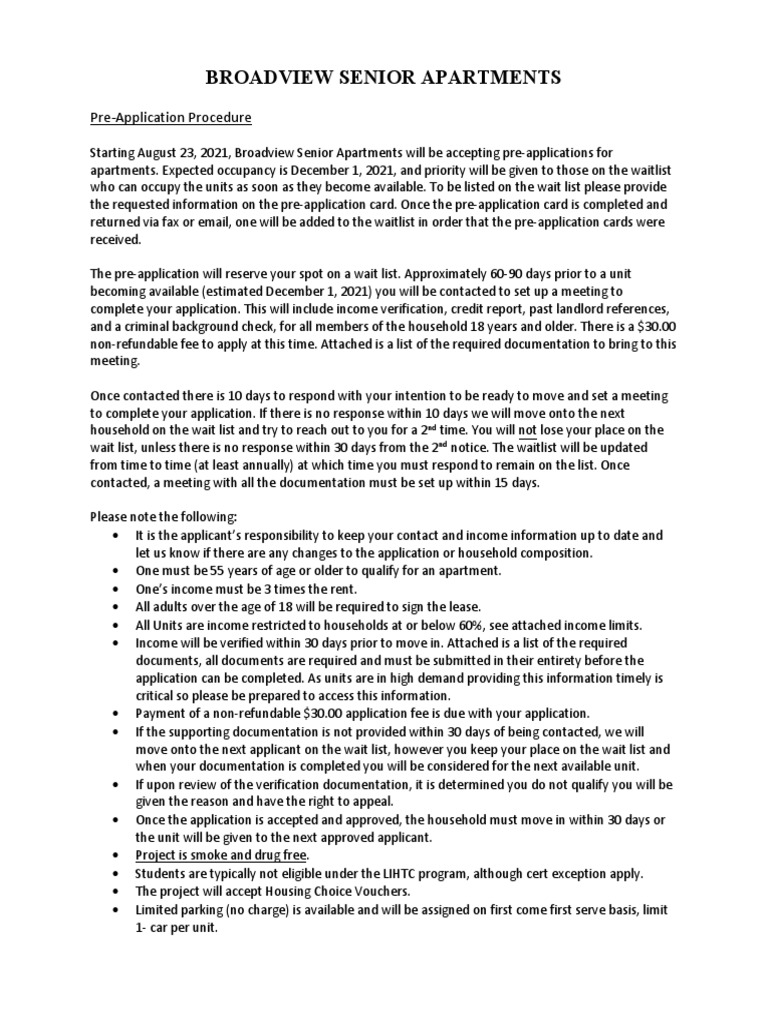 Broadway Senior Housing Waitlist PreApplication PDF Government