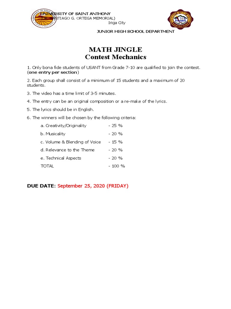 Math Jingle Contest Mechanics Due Date PDF