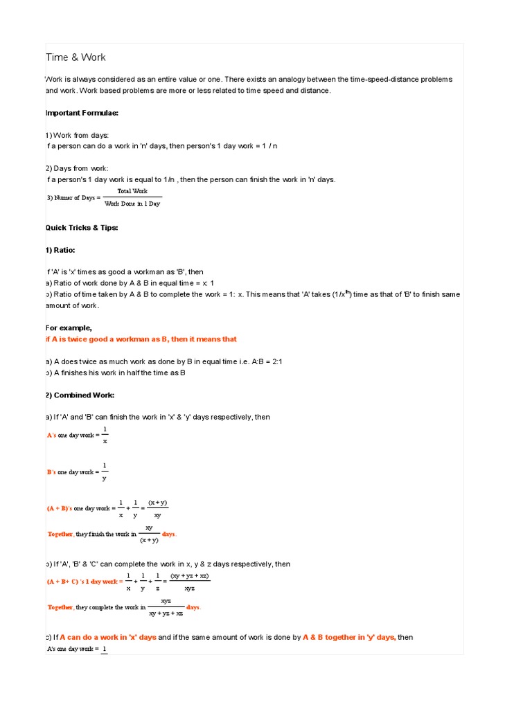 Time And Work Aptitude Tricks