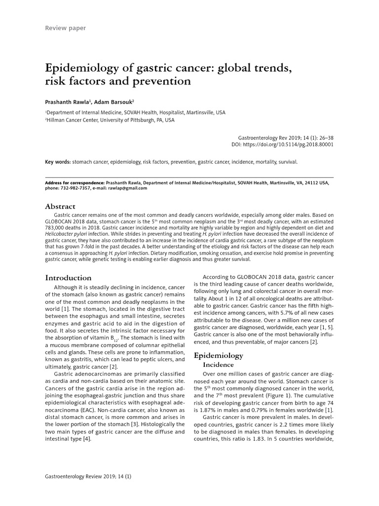 Epidemiology of Gastric Cancer Global Trends, Risk Factors and ...