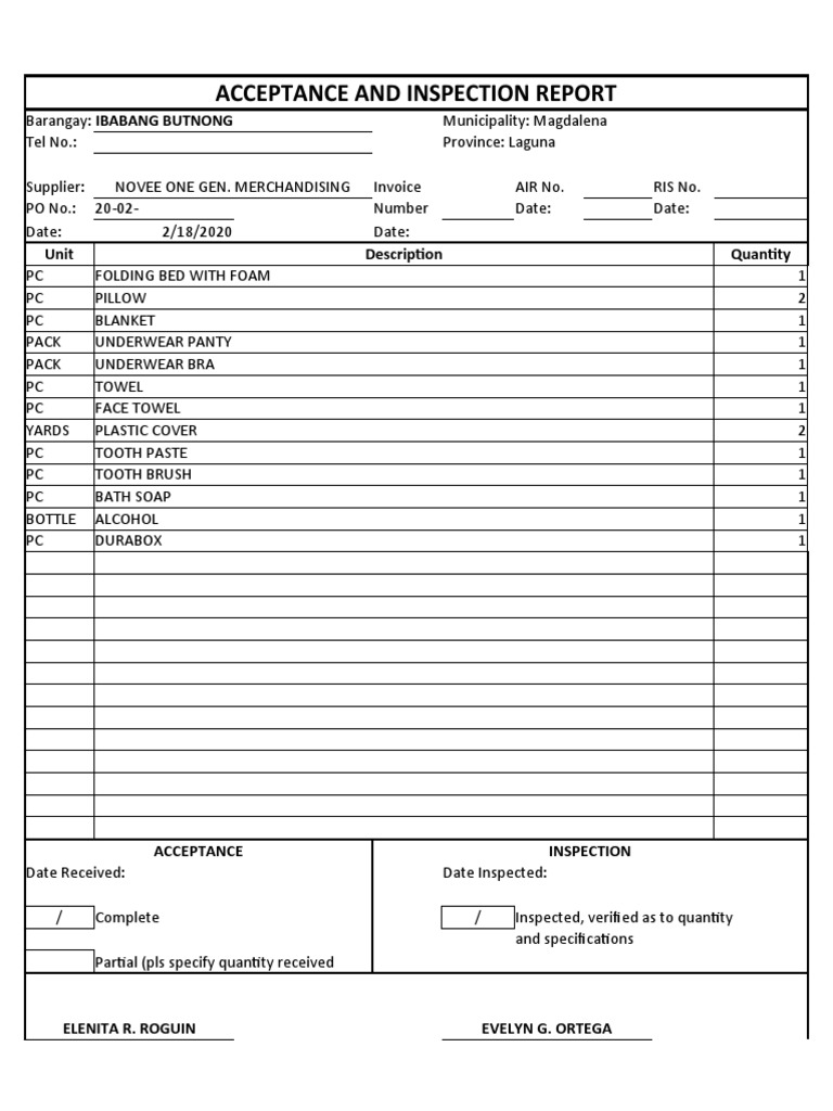 Acceptance and Inspection Report Summary | PDF