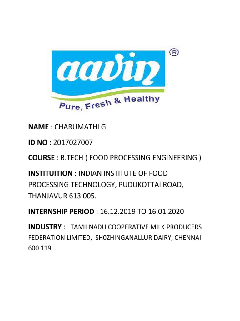 Charumathi G's Report on her Internship at the Shozhinganallur Dairy of