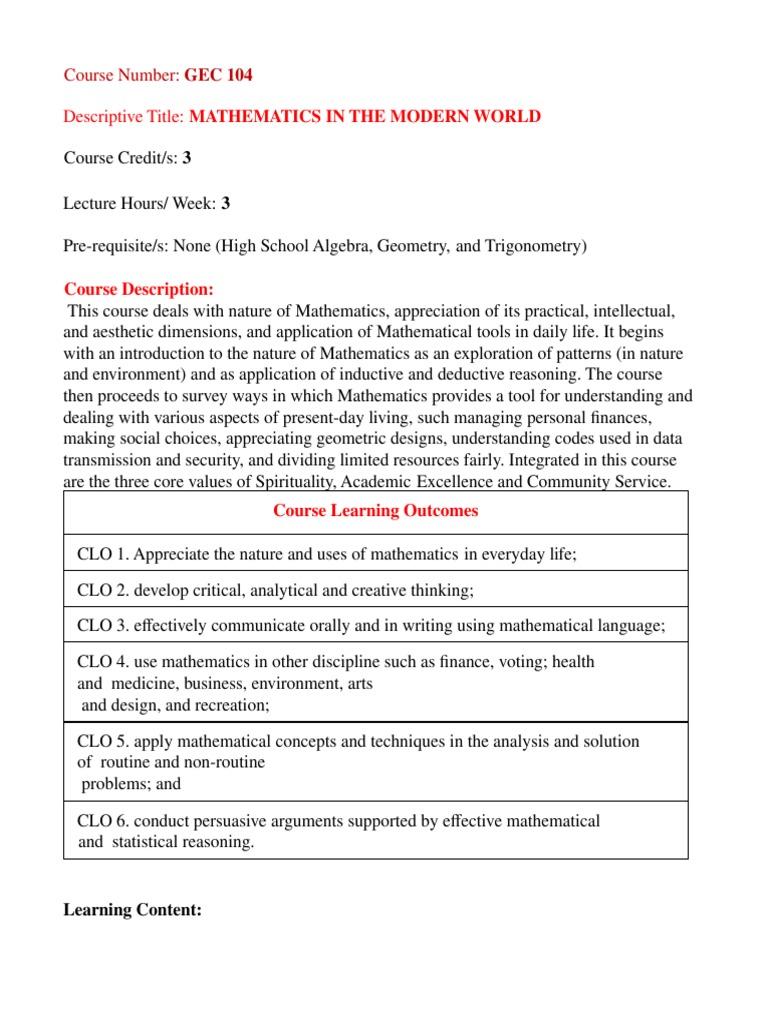 GEC 104 Course Details | PDF | Mathematics | Geometry