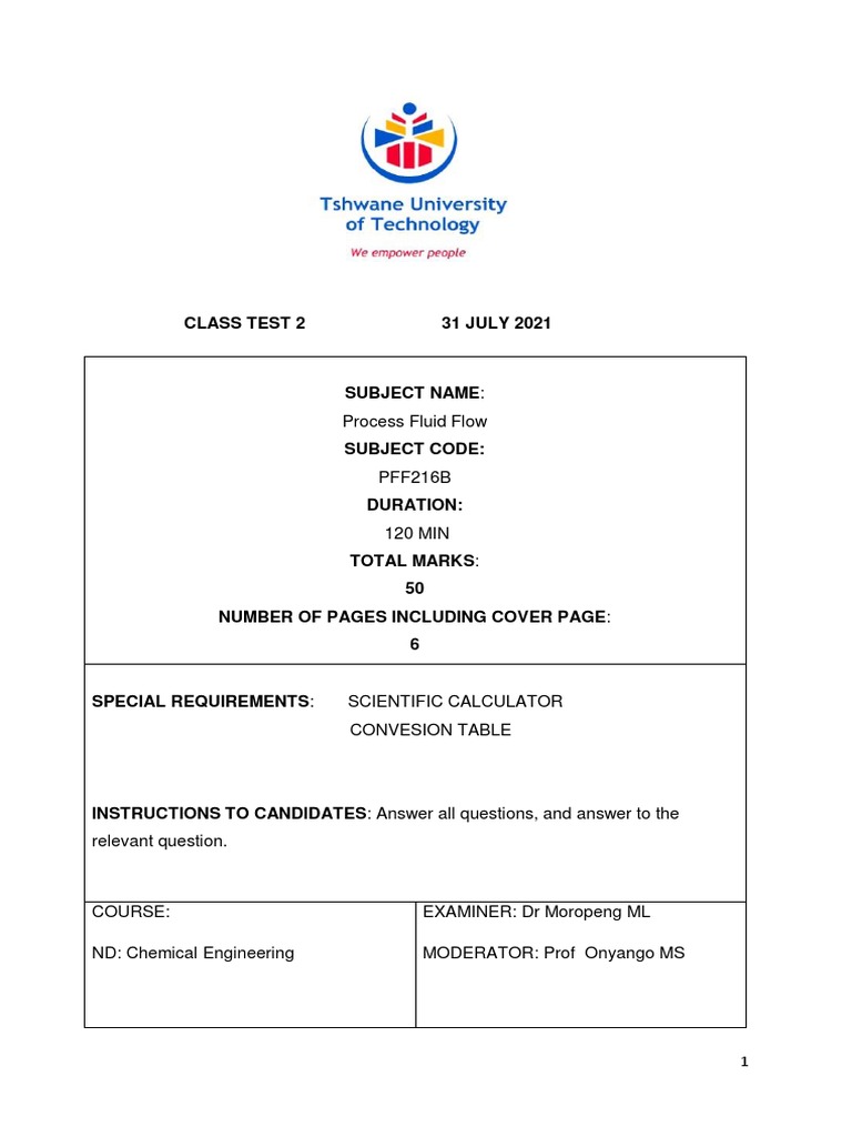 Class Test 2 31 JULY 2021: Process Fluid Flow | PDF | Pump | Gas ...