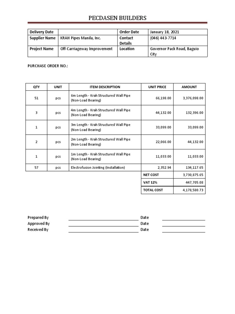Purchase Order for Krah Pipes Baguio | PDF
