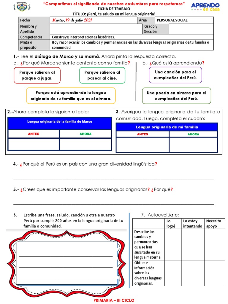 Ficha de Trabajo - Personal Social - Martes 20 Julio | PDF | Perú