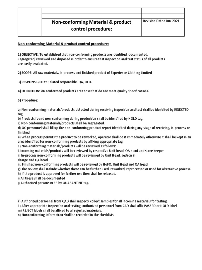 Non-Conforming Material Control Procedure | PDF