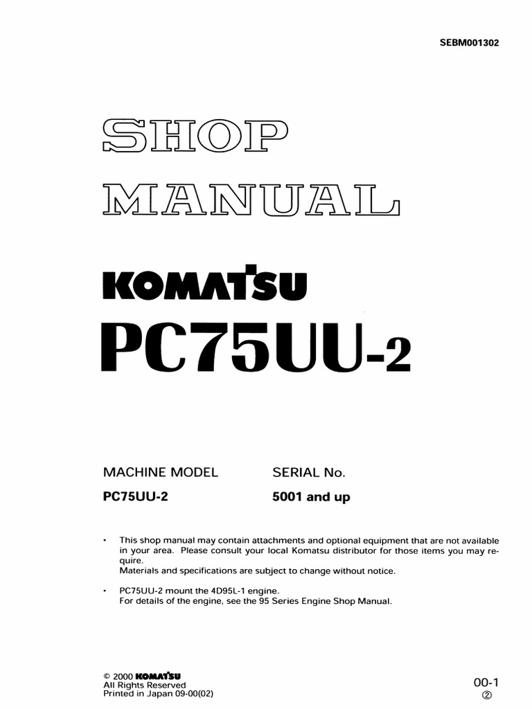 16588490-Komatsu Service Pc75uu-2 Shop Manual Excavator Repair Book | PDF