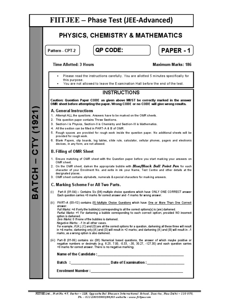 Fiitjee - Phase Test (JEE-Advanced) : Physics, Chemistry & Mathematics ...