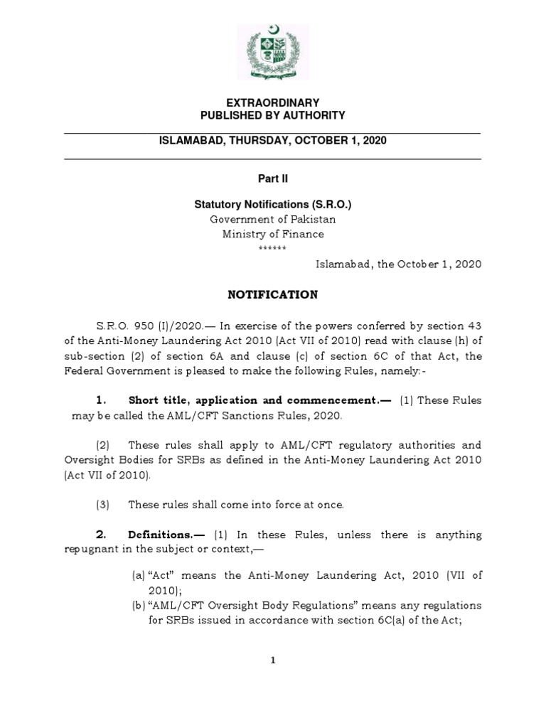 AML/CFT Sanctions Rules 2020 | PDF | Money Laundering | Appeal