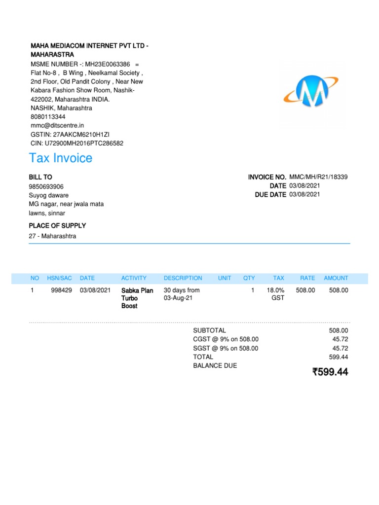 Invoice Mmcmhr2118339 From Maha Mediacom Internet PVT LTD Maharastra | PDF