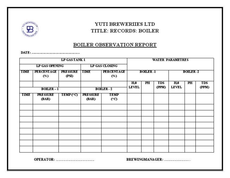 Yuti Breweriies LTD Title: Records: Boiler Boiler Observation Report | PDF