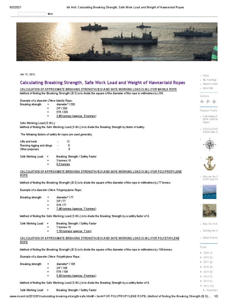 Breaking Strength and SWL Calculations | PDF | Rope | Manufactured Goods