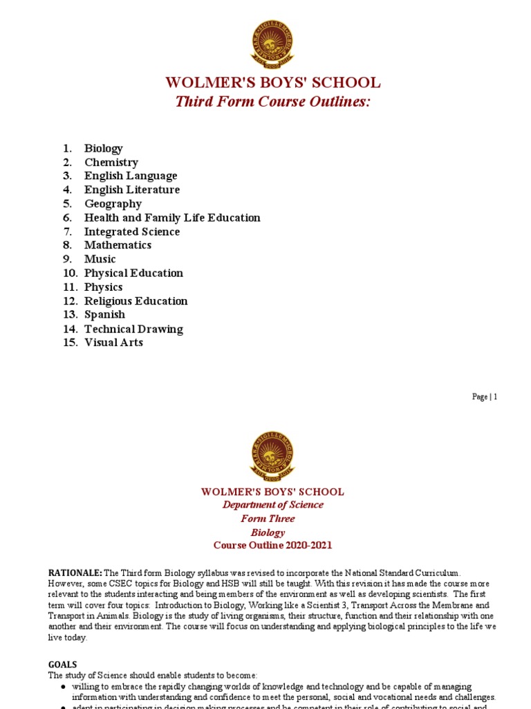 Third Form Biology Course Outline | PDF | Chemical Bond | Reading ...