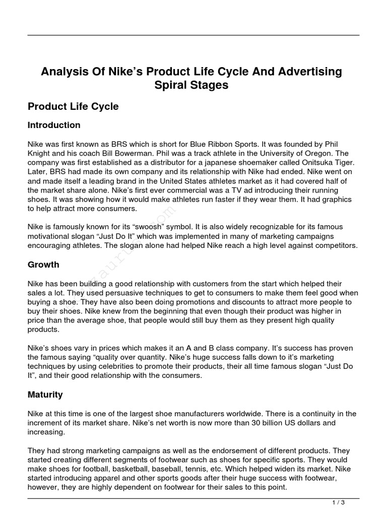 Analysis of Nike's Product Life Cycle Advertising Spiral Stages PDF | Nike Microeconomics