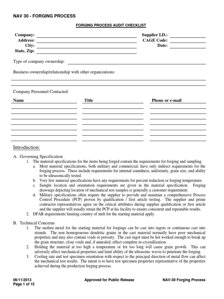 Forging Process Audit Checklist | PDF | Forging | Heat Treating