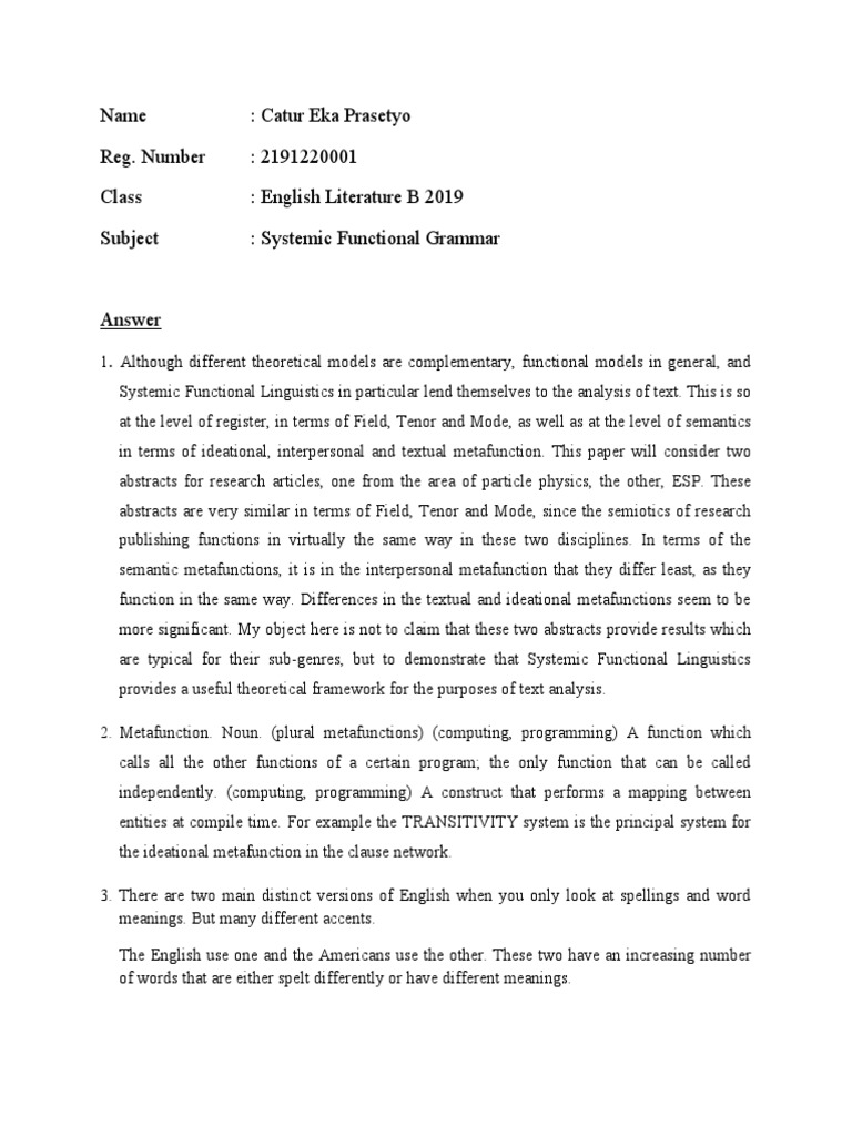 Systemic Functional Grammar Analysis | PDF | Grammar | Linguistics