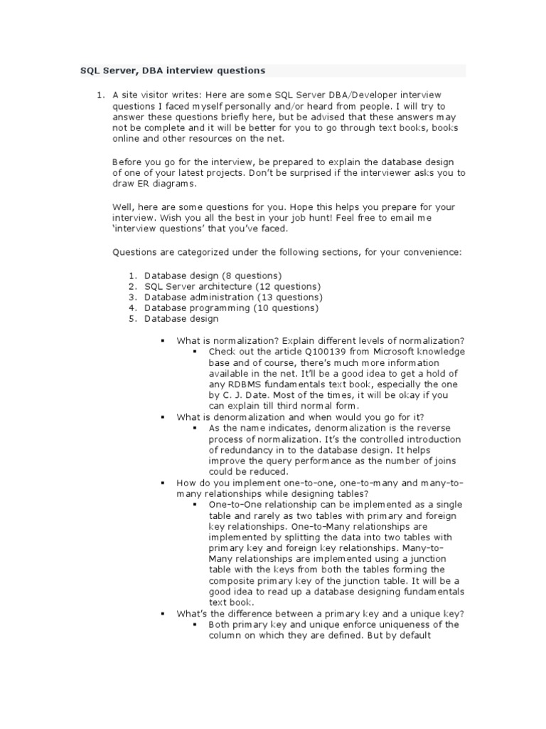 SQL Server DBA Interview Questions Guide | PDF | Database Index ...