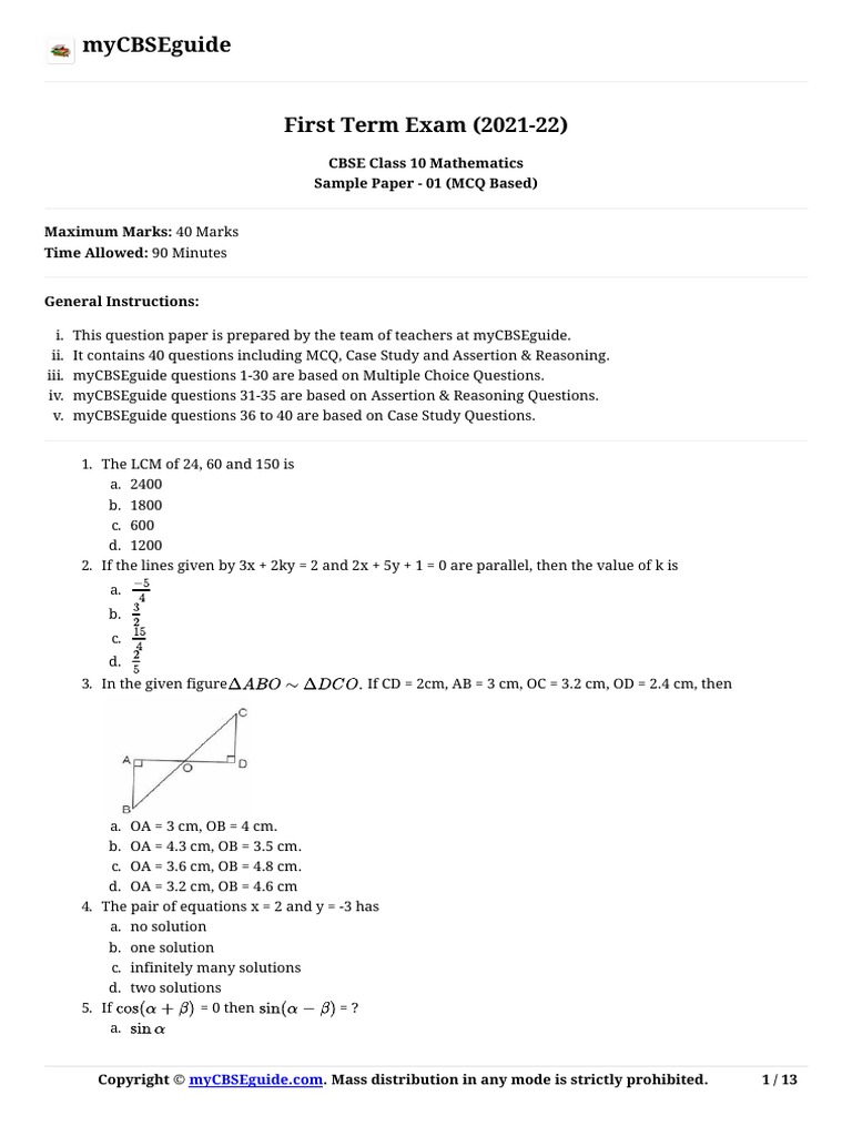 Mycbseguide Cbse Class 10 Mathematics Sample Paper 01 (MCQ Based
