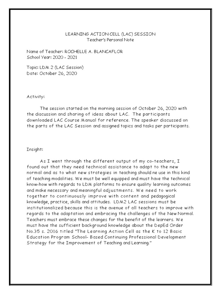 LAC Session Reflection Notes 2020 | PDF