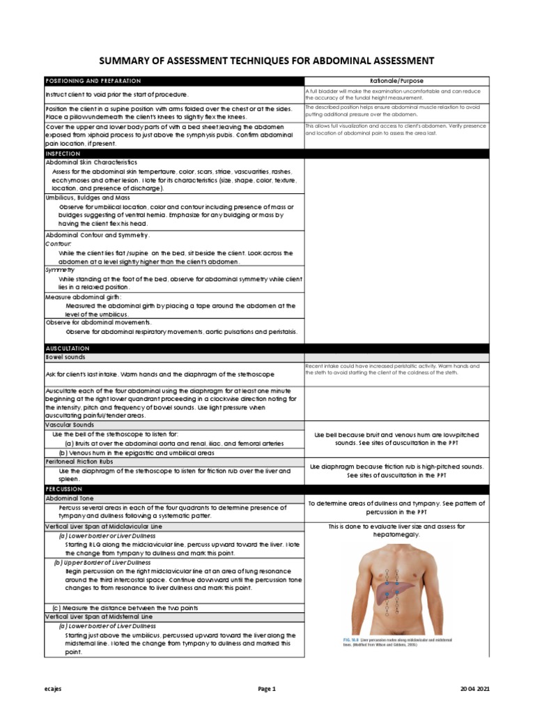 Abdominal Assessment Techniques Guide | PDF | Abdomen | Pulse