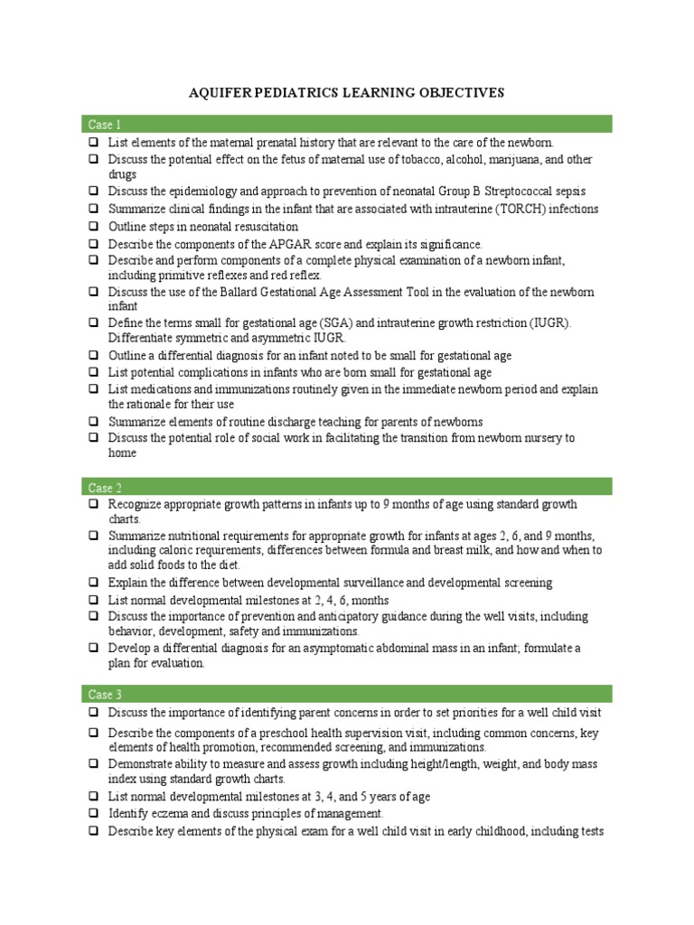 Aquifer Pediatrics Learning Objectives: Case 1 | PDF | Physical ...