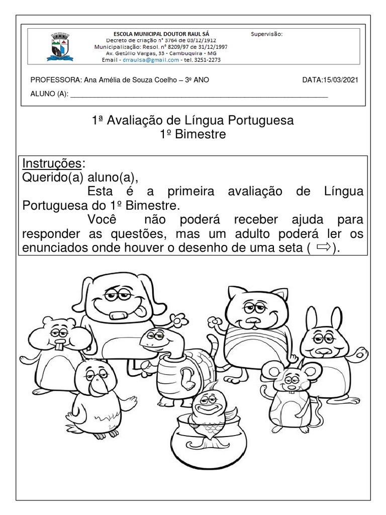 Avaliação de Língua Portuguesa 1º Bimestre | PDF | Artes Linguísticas e ...