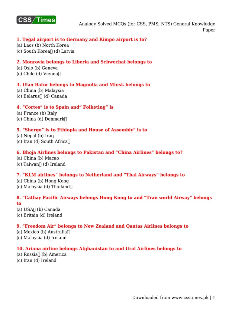 Analogy Solved MCQs (For CSS PMS NTS) General Knowledge Paper | PDF
