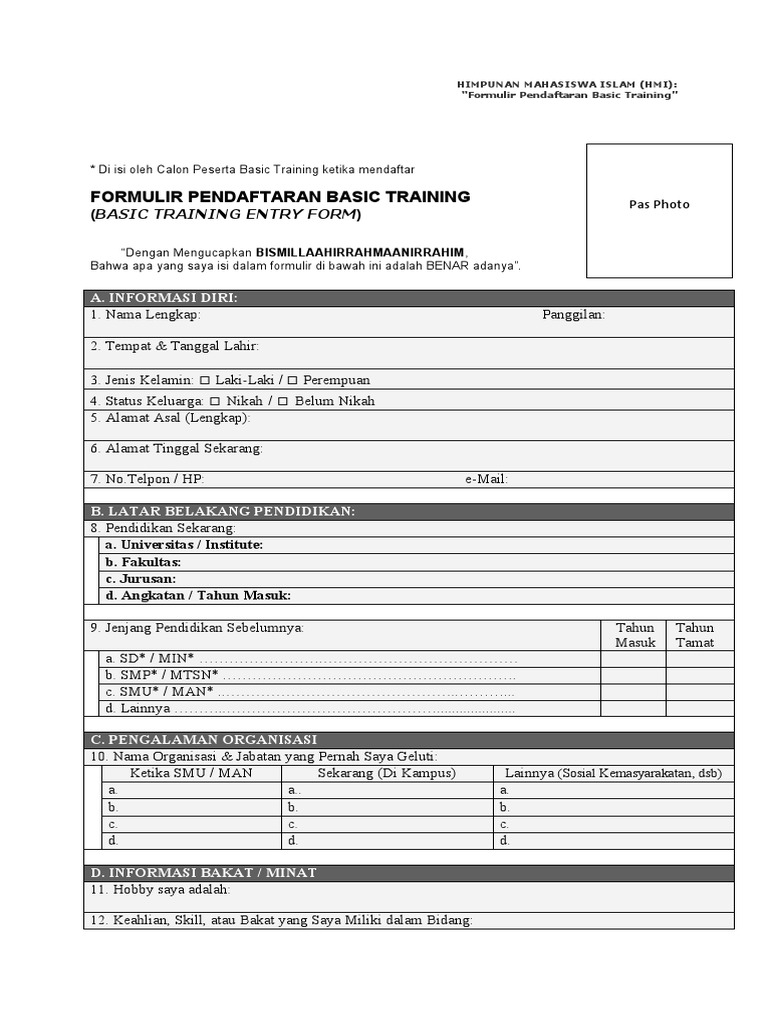 Formulir Pendaftaran Basic Training HMI | PDF