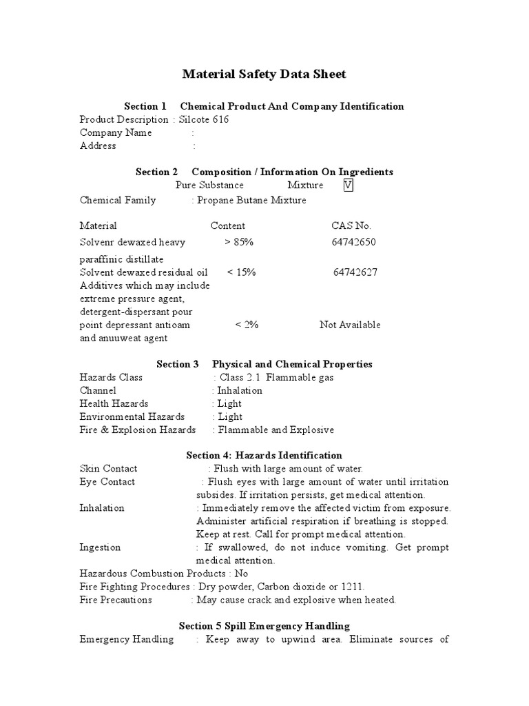 Material Safety Data Sheet for Silcote 616 Propane Butane Mixture PDF