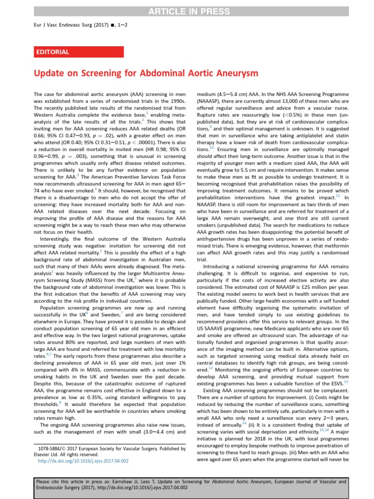 Update On Screening For Abdominal Aortic Aneurysm | PDF | Screening ...