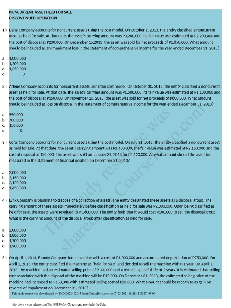 Noncurrent Asset Held For Sale PDF Expense Revenue