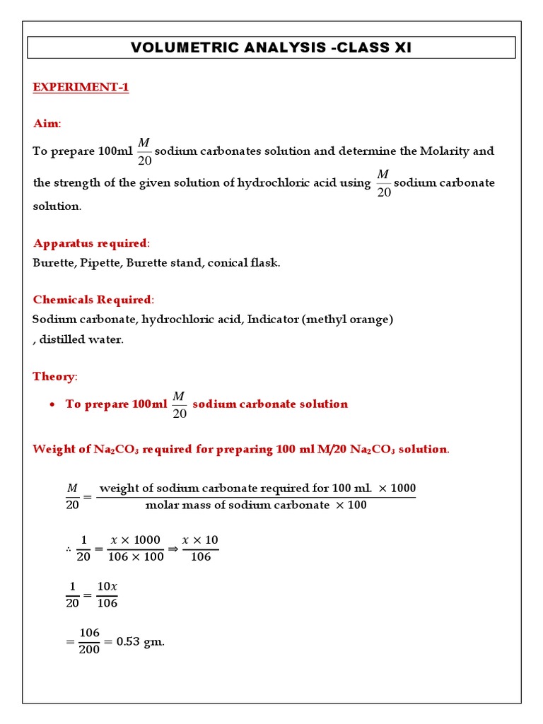 Class XI Practicals Procedure PDF Chemistry Titration