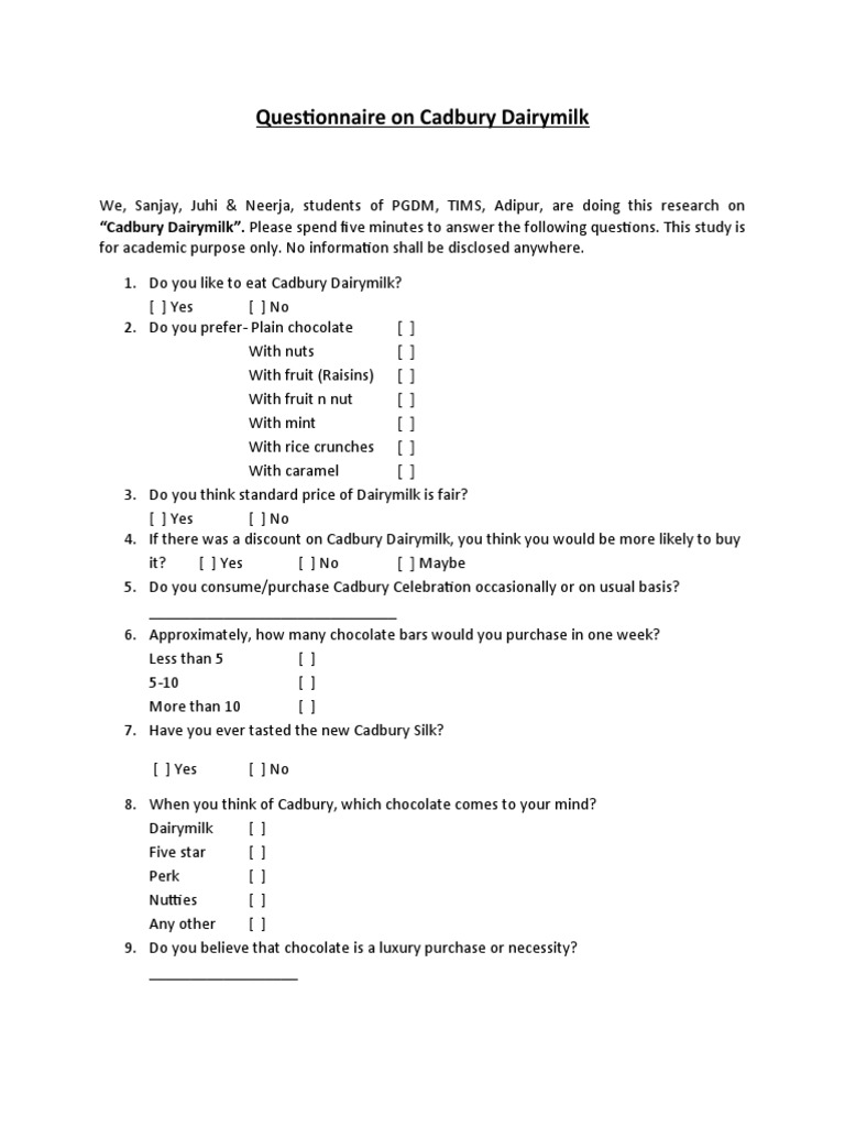 Questionnaire On Cadbury Dairymilk PDF