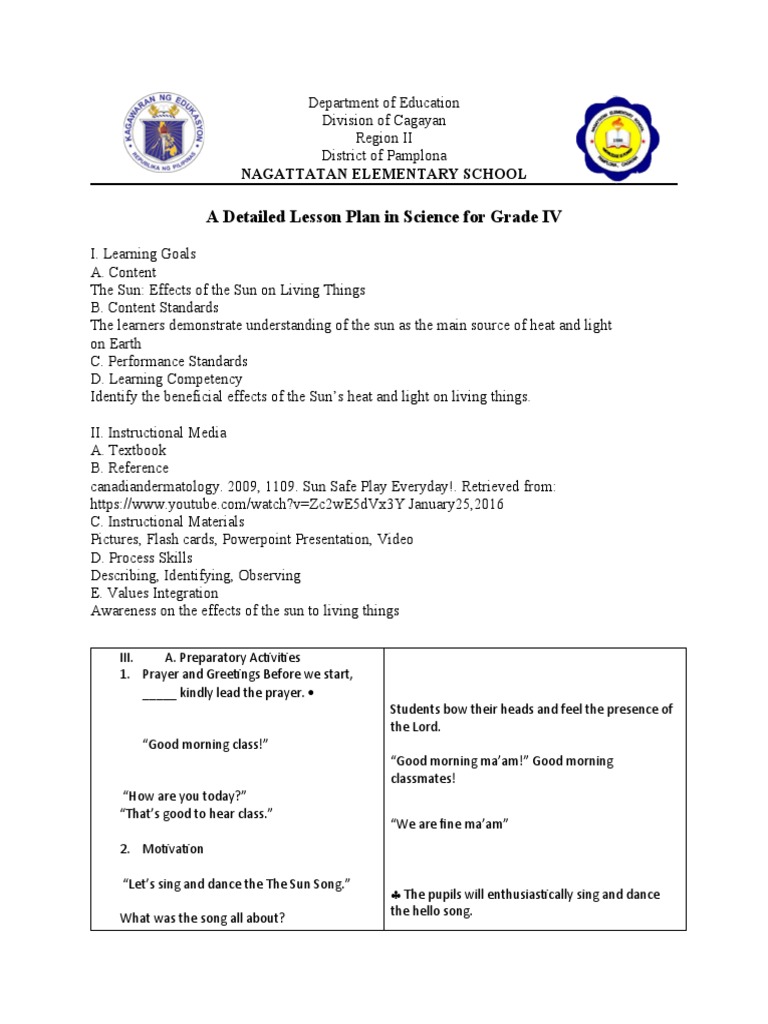 Grade 4 Science Lesson on the Sun | PDF | Learning | Lesson Plan